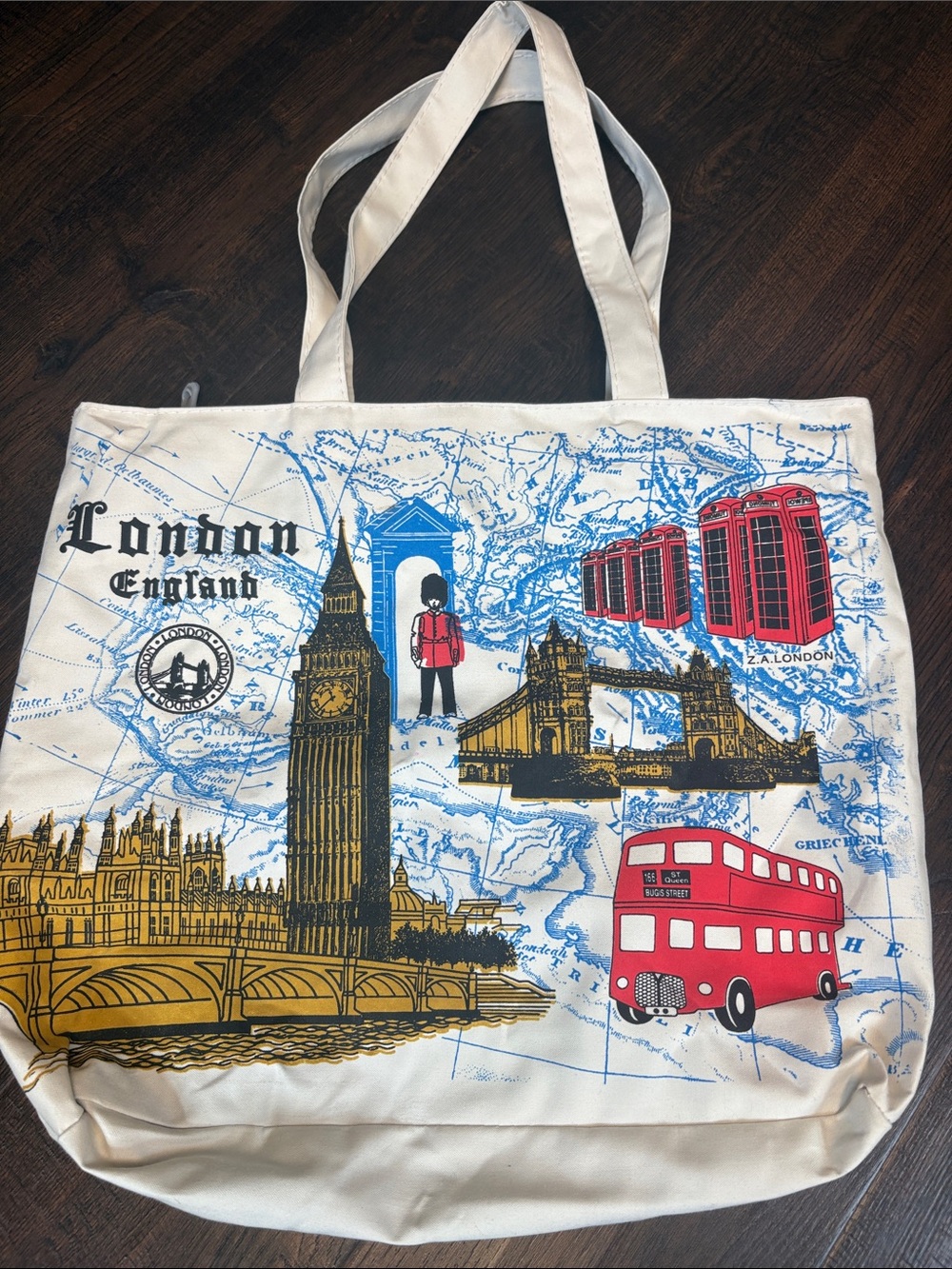 London England Reusable Fabric Tote Bag Large 16x14x2 White Landmarks Print